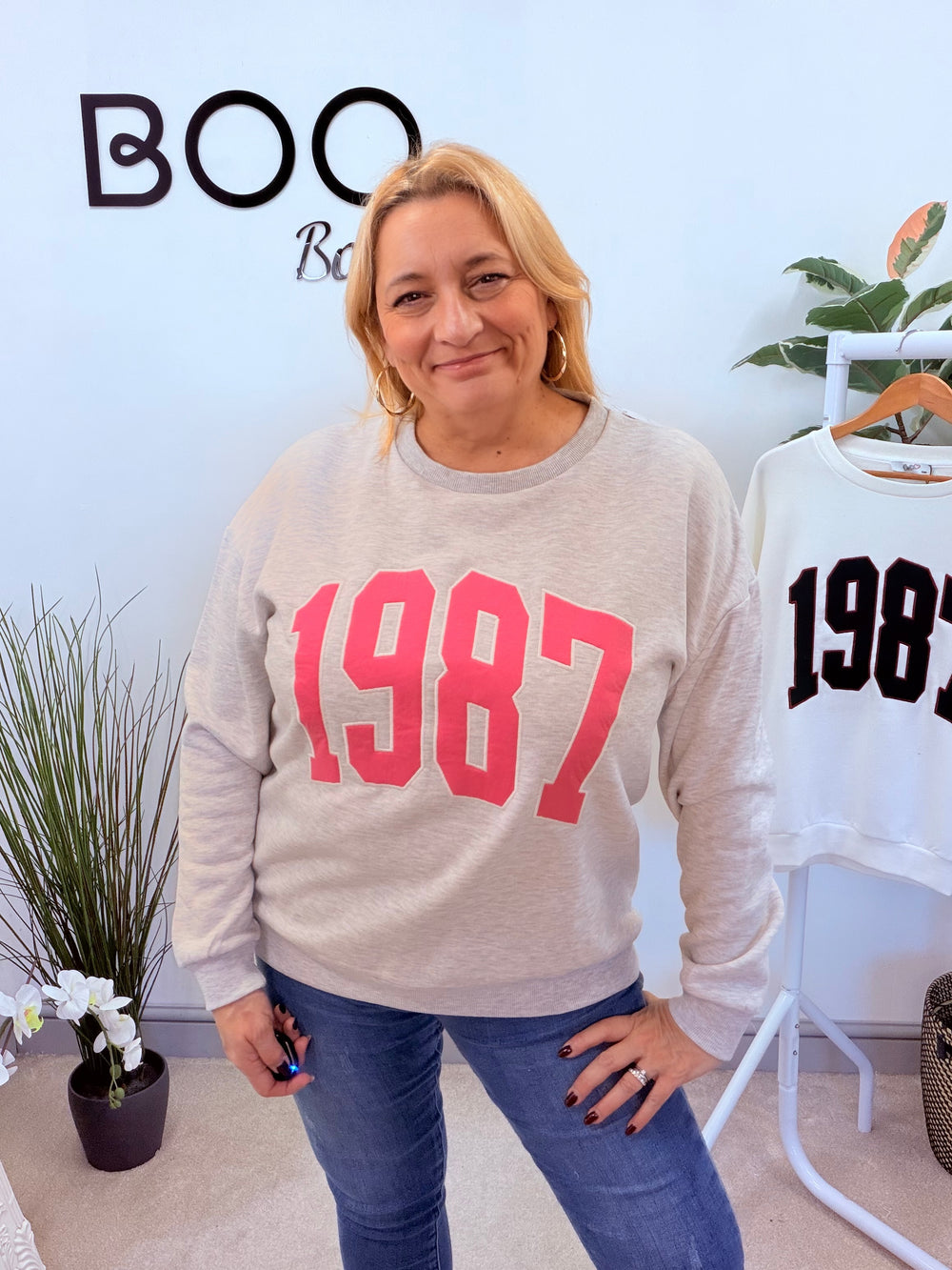 LADIES FASHION FLEECE LINED SWEATSHIRT TOP - GREY & WHITE