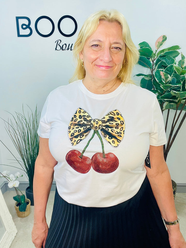 LADIES WHITE T SHIRT WITH DIAMANTE CHERRY LOGO