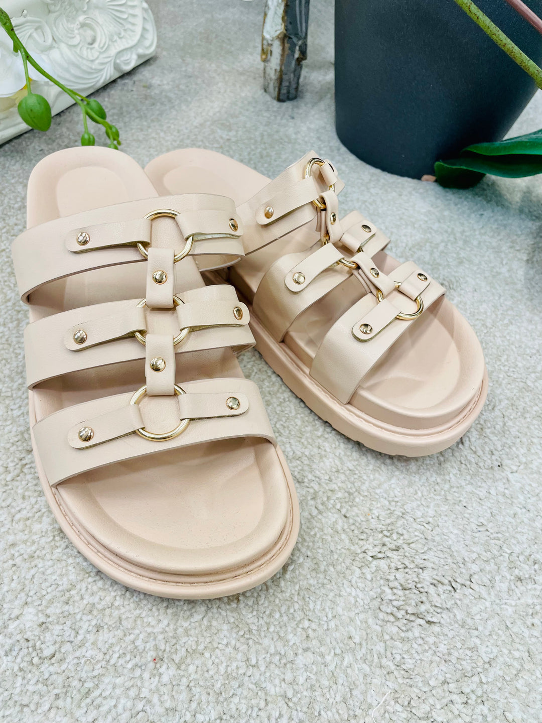 LADIES FLAT FOOTBED BUCKLE SLIDER SUMMER SANDALS - GOLD & NUDE