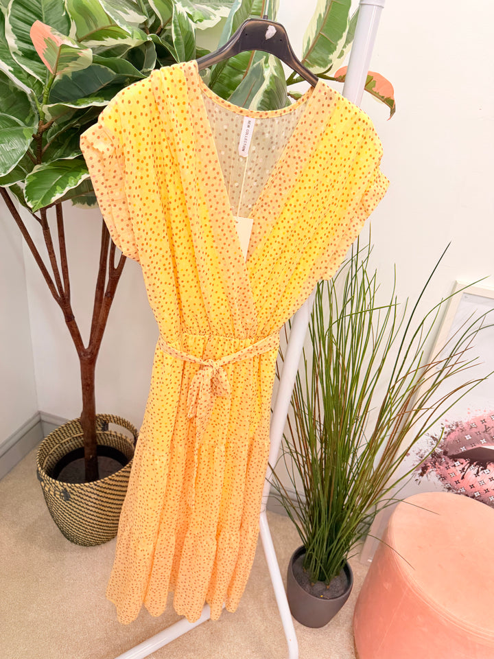 Ladies Fashion Chiffon Polka Dot Wrap Dress - Lemon, Black & Blue