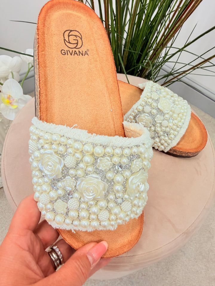 Ladies Fashion White Pearl & Diamante Summer Bridal Slider Sandals
