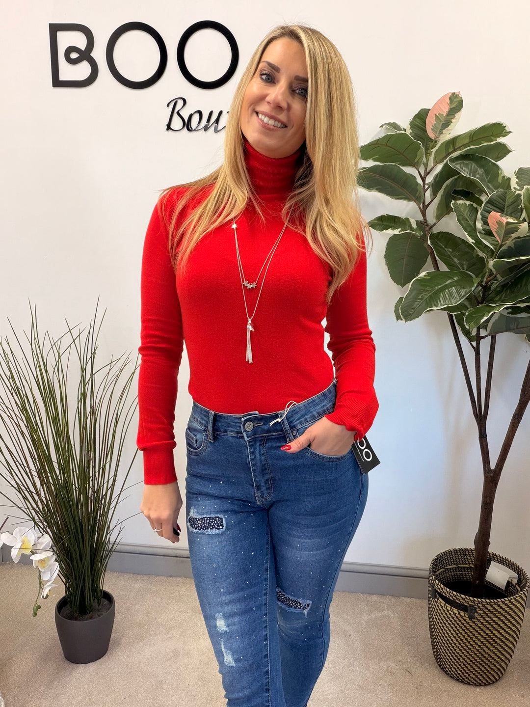 LADIES FINE KNIT ROLL NECK JUMPER - BERRY, BLACK, BEIGE, RED, KHAKI BROWN