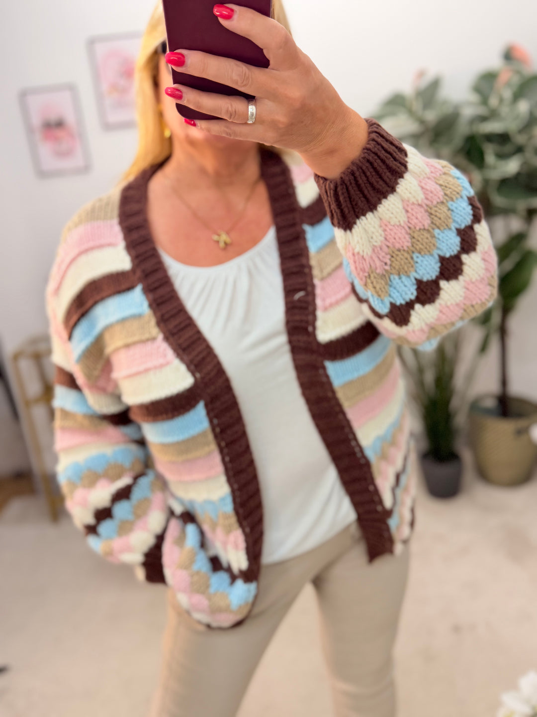Ladies Fashion Beige Brown Blue Pink Stripe Chunky Knit Cardigan