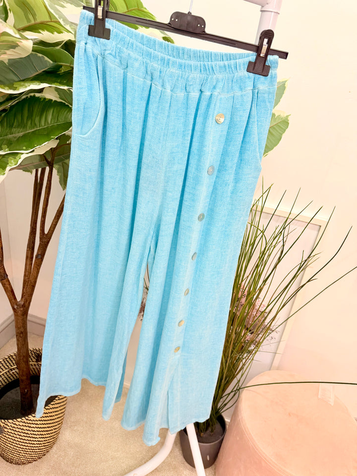 Ladies Fashion Wide Leg Palazzo Teabag Linen Trousers turquoise