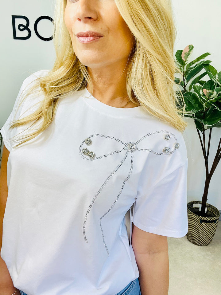 LADIES WOMENS DIAMANTE JEWELLED LYCRA T SHIRT - BLACK & WHITE