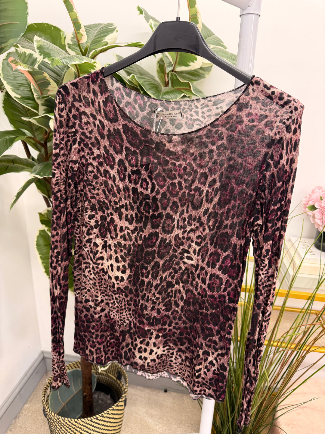 Womens sheer animal print sheer long sleeve top - brown, navy, khaki, plum, grey