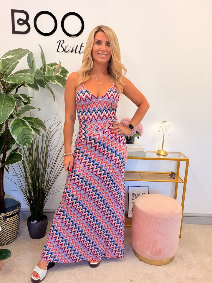 Ladies Inspired Zig Zag Stretch Lilac Fitted Maxi Dress