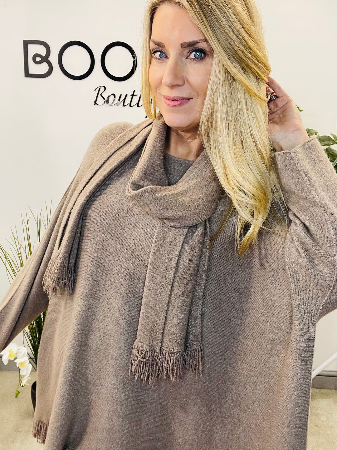LADIES OVERSIZE JUMPER & SCARF SET MOCHA COFFEE
