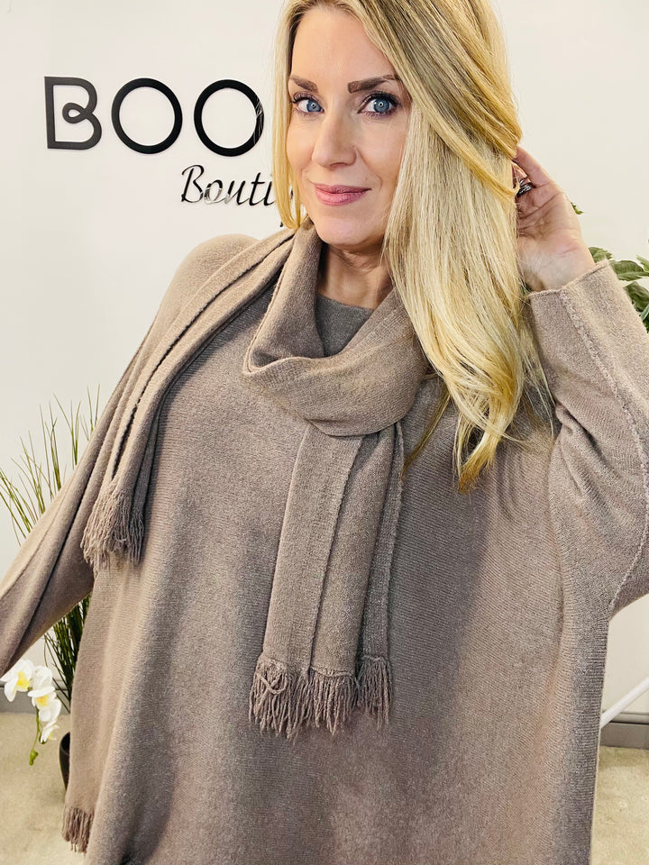 LADIES OVERSIZE JUMPER & SCARF SET MOCHA COFFEE