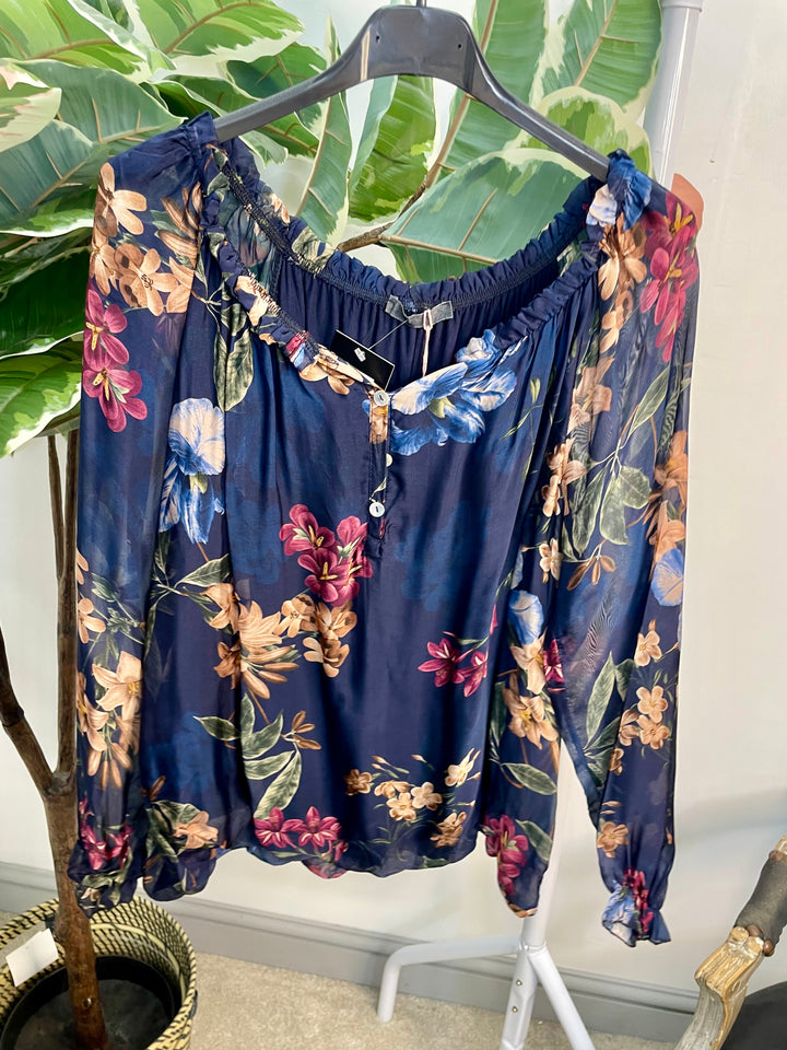 LADIES CHIFFON FLORAL PRINT BLOUSE - BROWN, NAVY, BLACK & WINE BURGUNDY