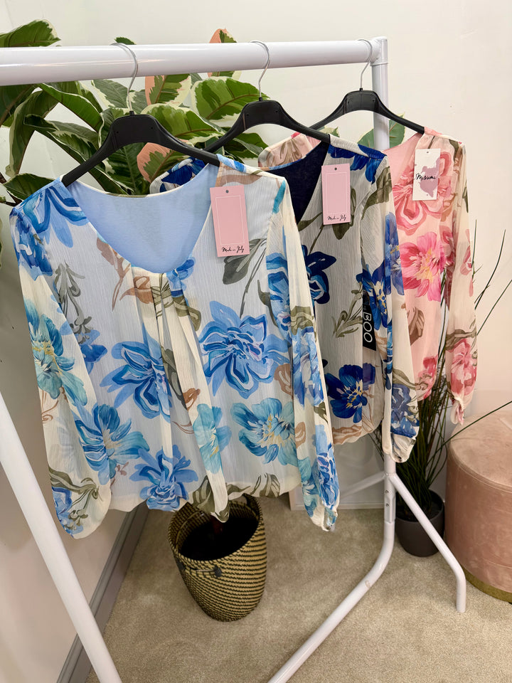 Ladies Fashion Flower Chiffon Blouse Top - Pink, Navy & Blue