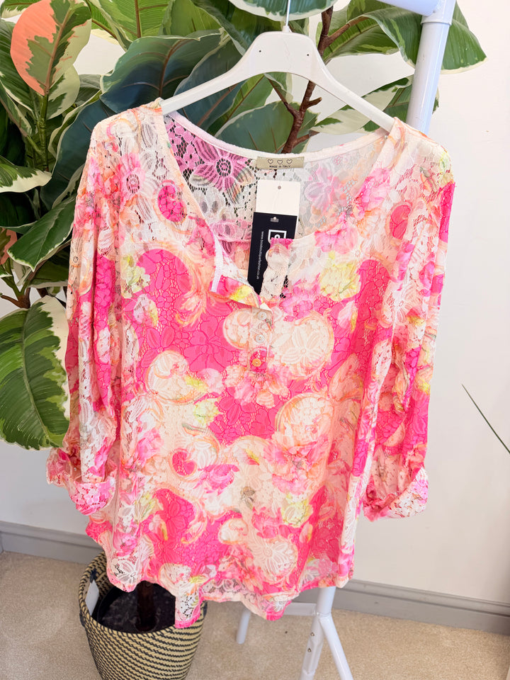 Ladies Lace Grandad Top - Khaki, Pink, Beige & White