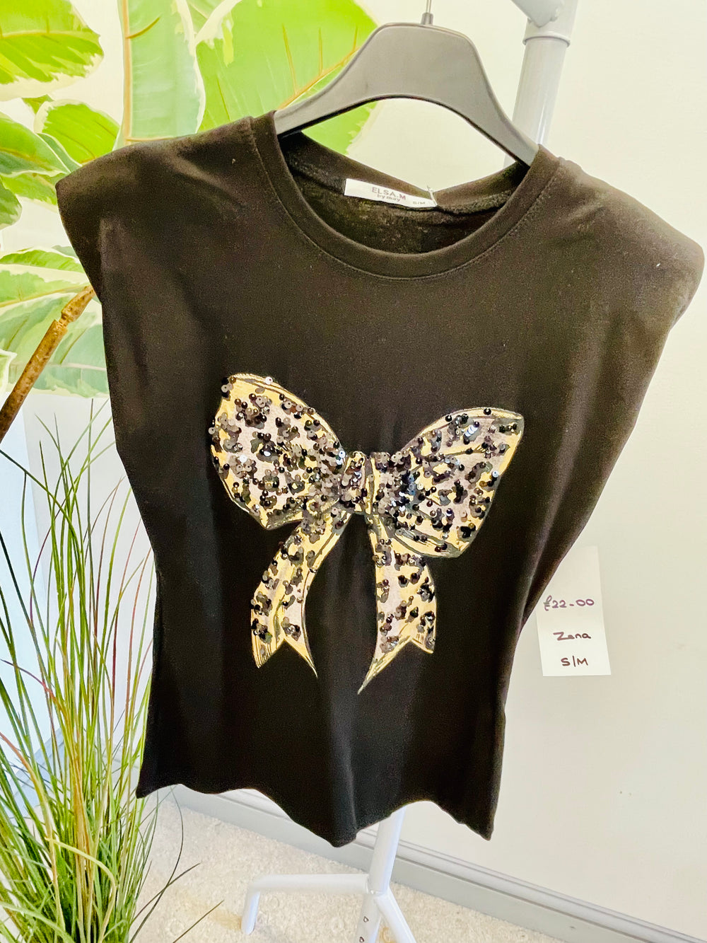 LADIES STRETCH SEQUIN BOW T TEE SHIRT - BLACK & WHITE