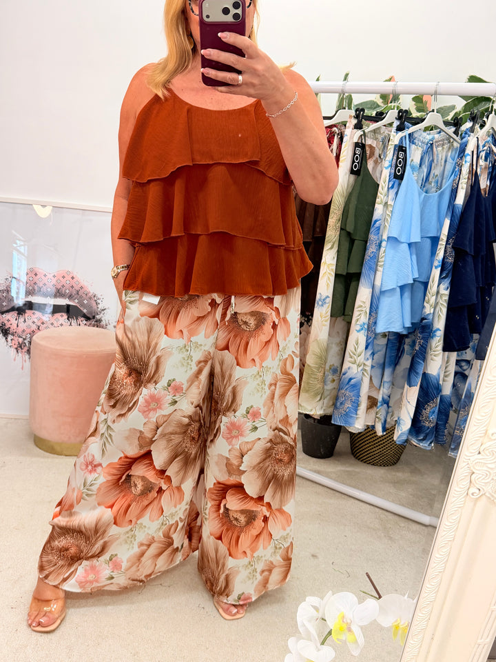 Ladies Satin Flower Print Wide Leg Trousers - Rust, Khaki, Pale Blue, Navy & Black