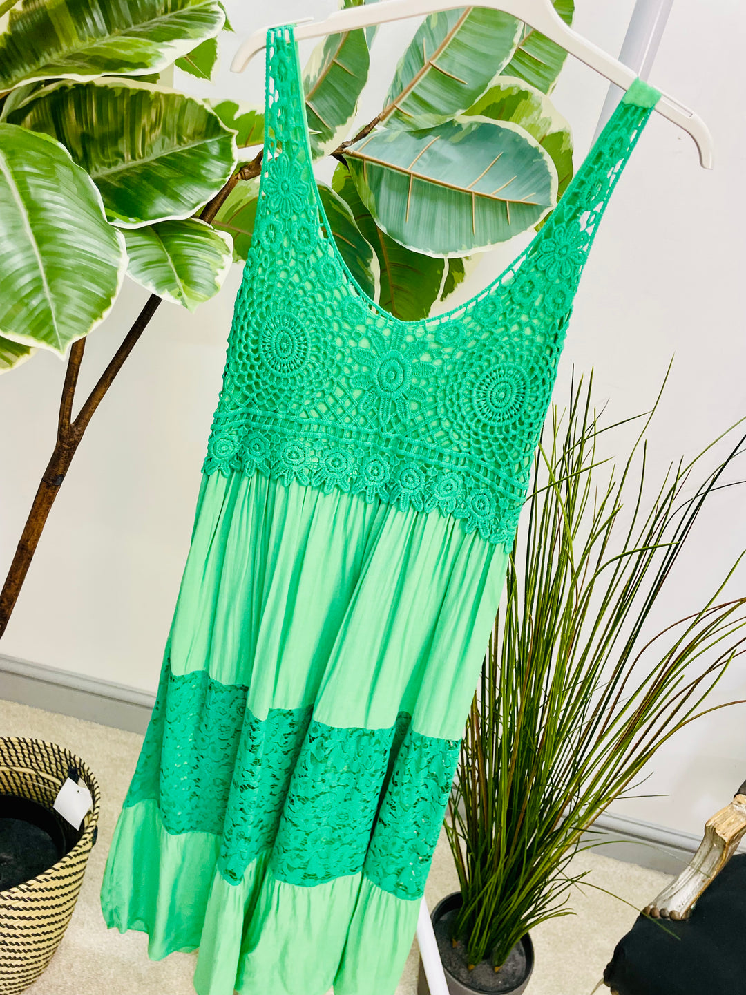LADIES CROCHET LACE SUMMER MIDI DRESS - WHITE, ROYAL BLUE, FUSCHIA PINK & GREEN
