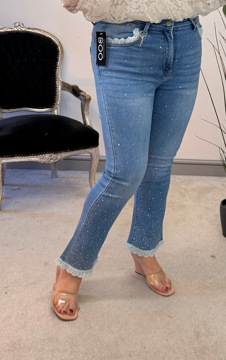 Ladies Fashion Sparkly Ankle Grazer Jeans