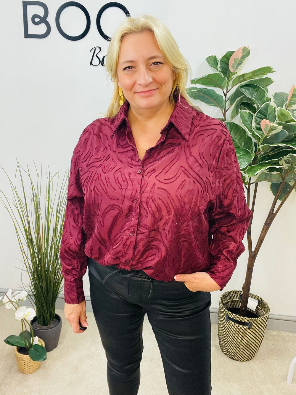 LADIES SMART SHIRT BLOUSE - BLACK & WINE BERRY