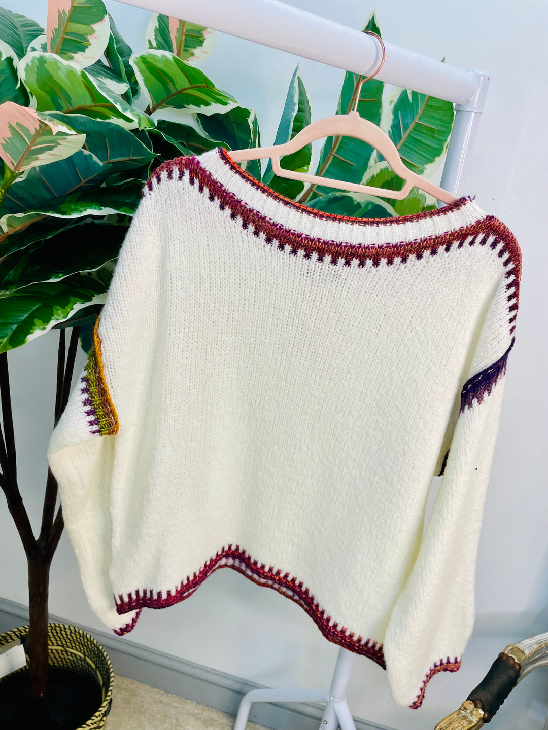 LADIES WINTER CONTRAST STITCH KNIT JUMPER - CREAM, KHAKI & BLUE