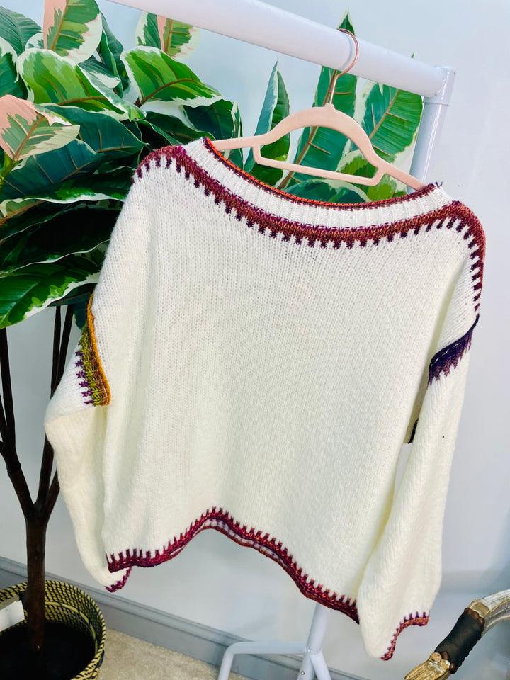 LADIES WINTER CONTRAST STITCH KNIT JUMPER - CREAM, KHAKI & BLUE