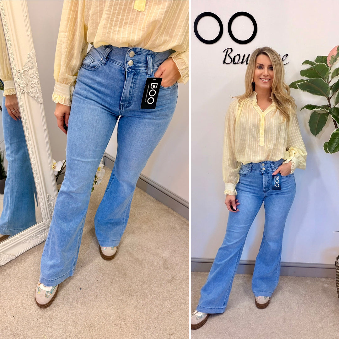 Ladies Fashion Light Blue Denim High Waist Flared Jeans