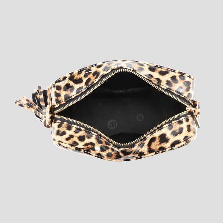 PATENT LEOPARD PRINT CAMERA BAG