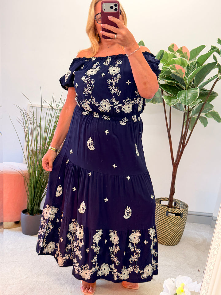 Ladies Fashion Navy Boho Skirt & Top Co Ord Set