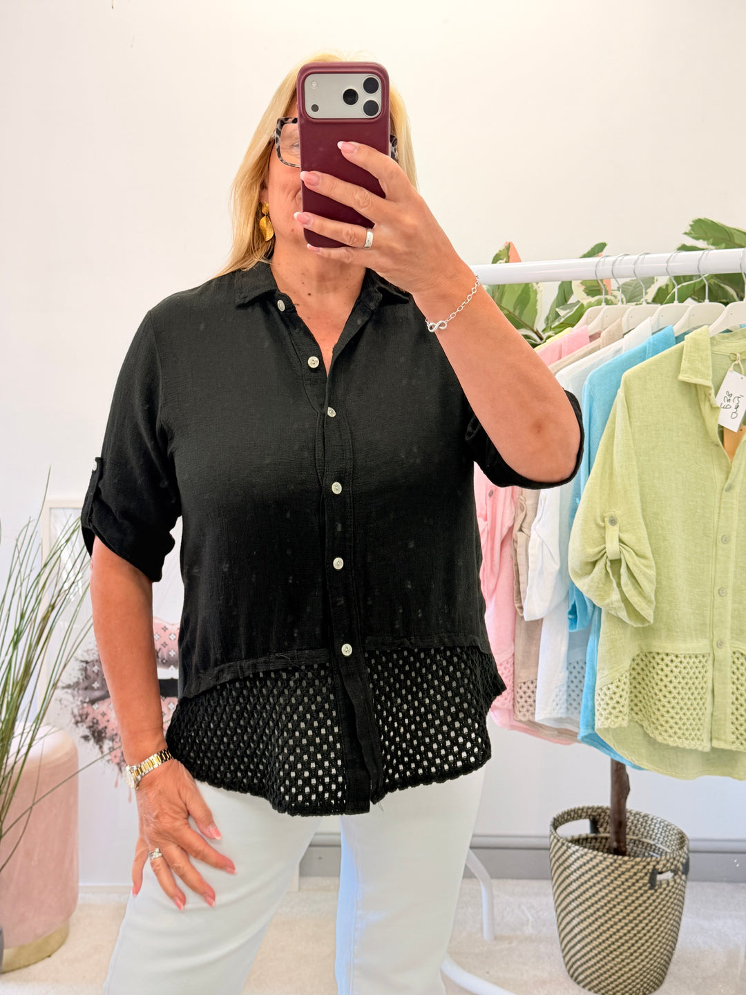 Ladies Teabag Linen Crochet Shirt Top black