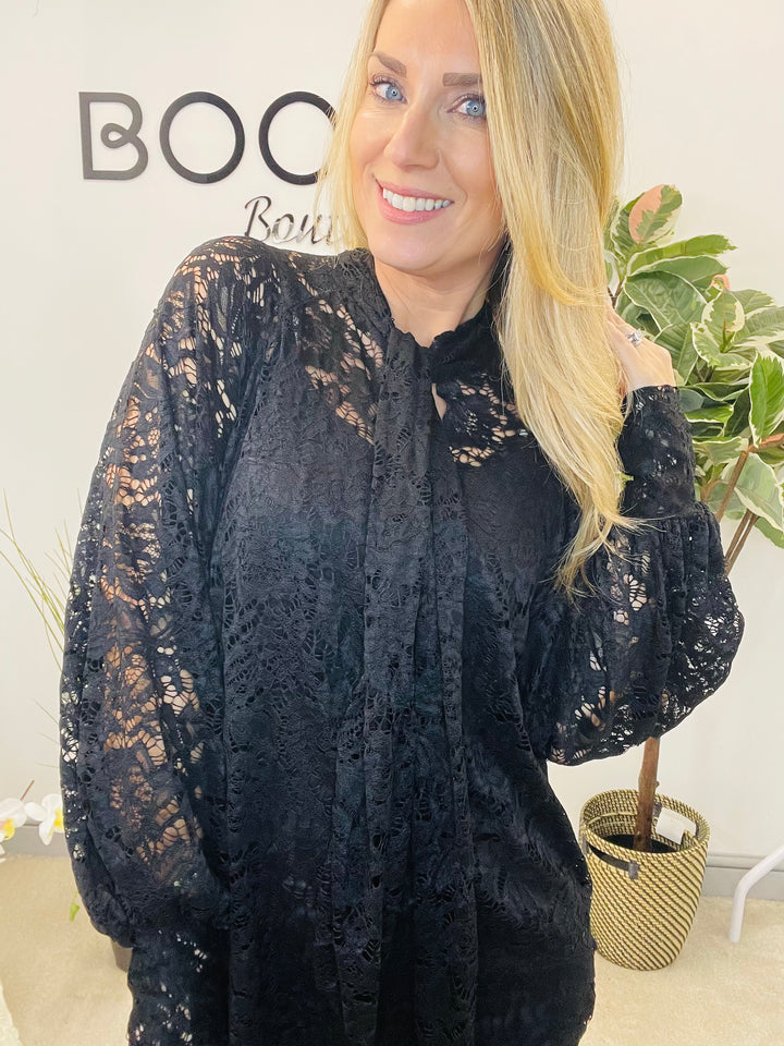 LADIES SHEER LACE BLOUSE SHIRT - WHITE, BLACK, BROWN & BERRY