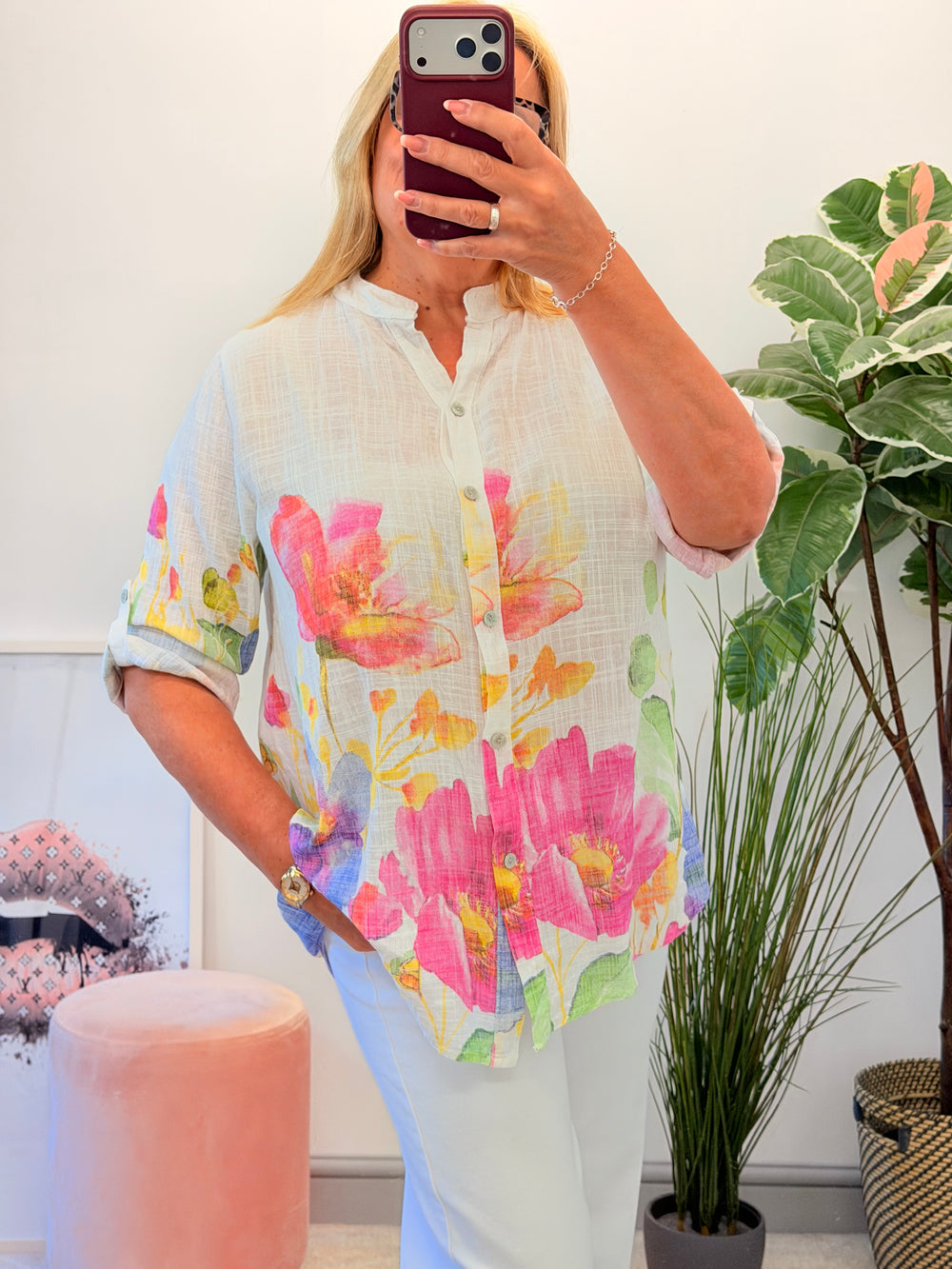 Ladies Fashion White Flower Print Light Linen Shirt Top