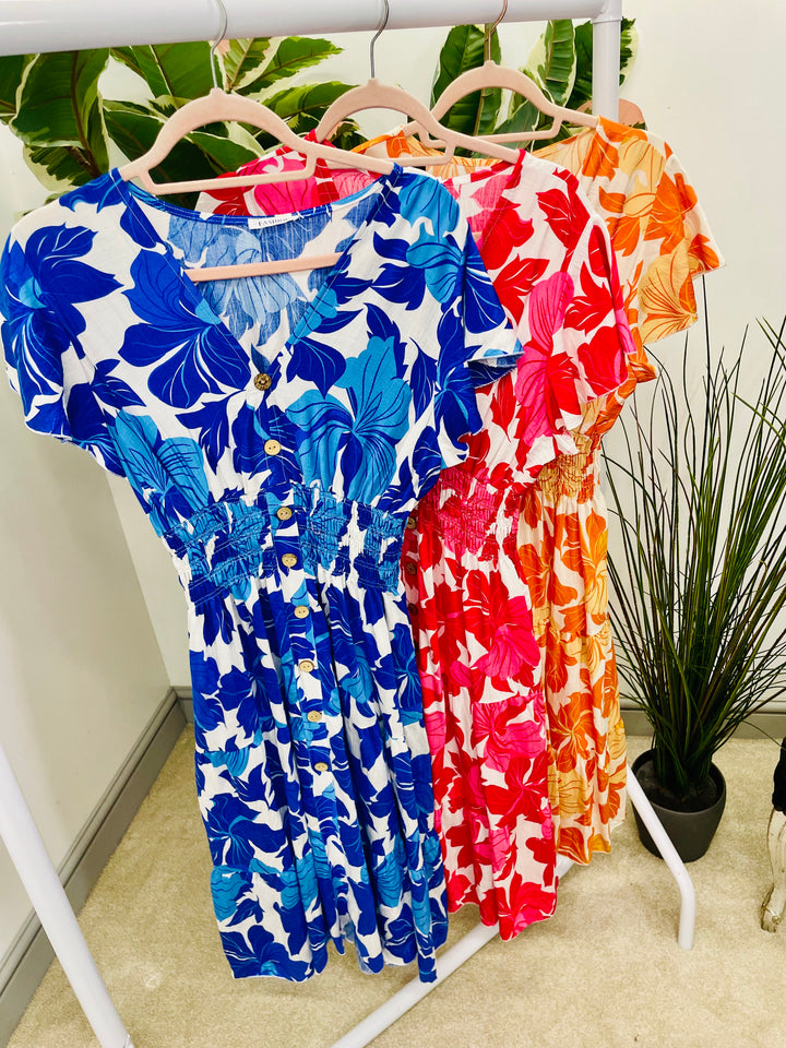 LADIES LEAF PRINT SUMMER EASY WEAR DAY DRESS - BLUE, ORANGE & PINK