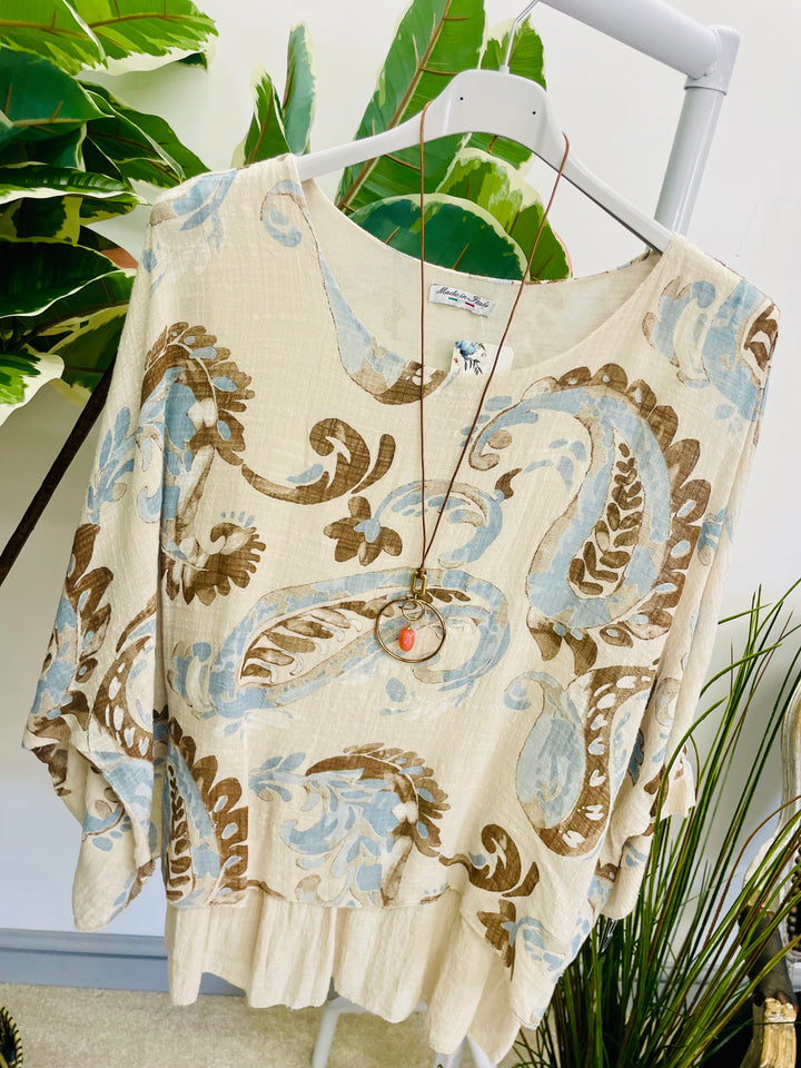 LADIES PAISLEY PRINT LINEN LOOSE FIT TOP - WHITE, BEIGE & KHAKI