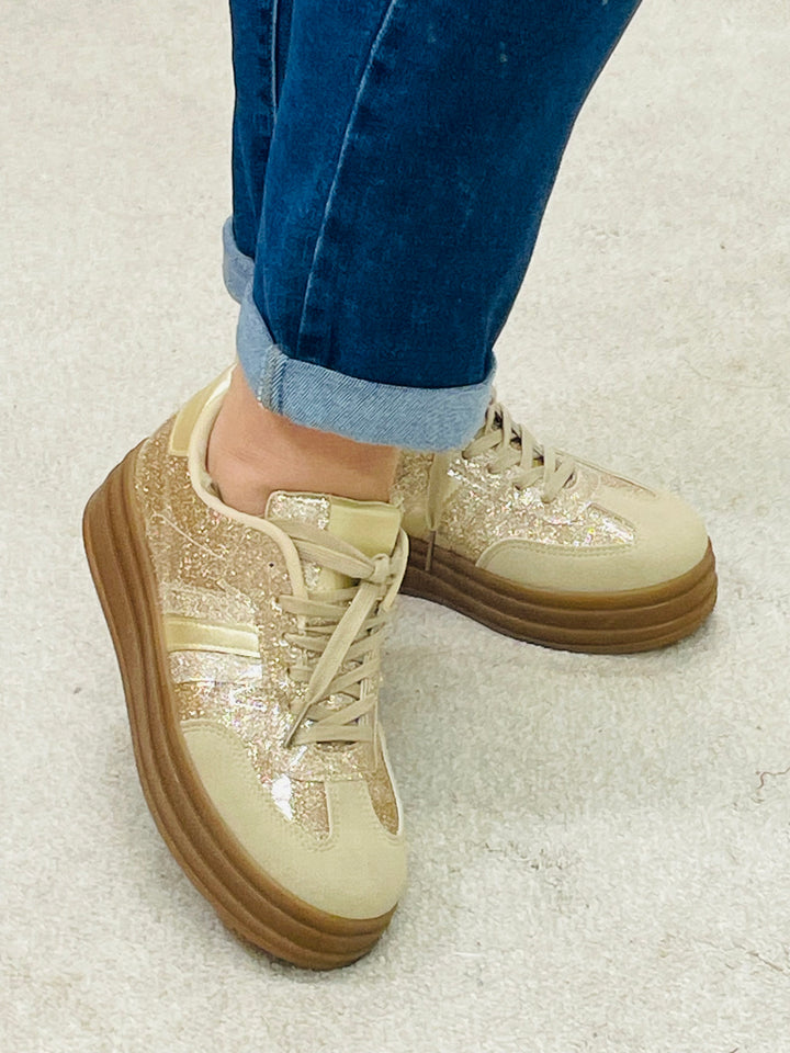 GOLD GLITTER FLATFORM TRAINERS ( LT33 )