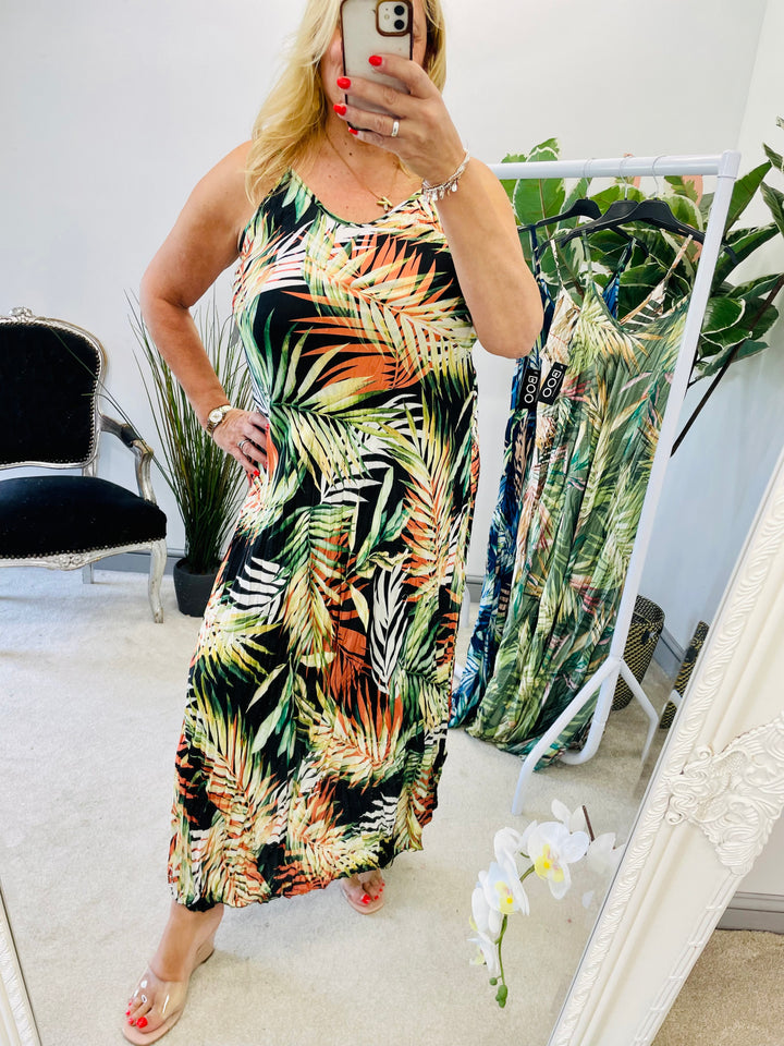 LADIES SATIN PLEATED TROPICAL PRINT SUMMER MAXI DRESS - CREAM, NAVY, KHAKI, BLACK