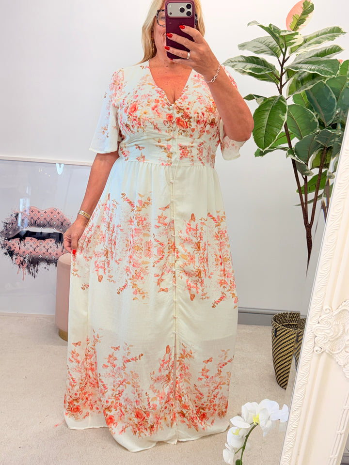 Ladies Cream & Pink Summer Event Maxi Dress