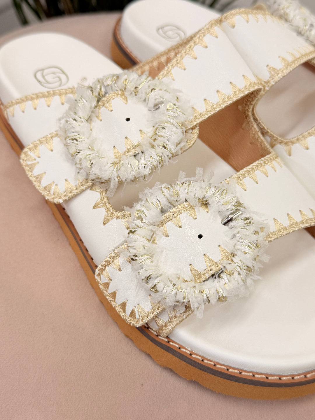 Ladies Fashion Buckle Comfy Moulded Footbed Slider Sandals white