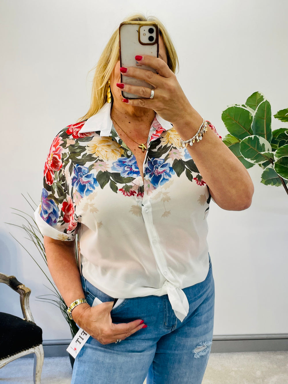 LADIES PRETTY FLORAL PRINT WHITE CHIFFON SHIRT BLOUSE