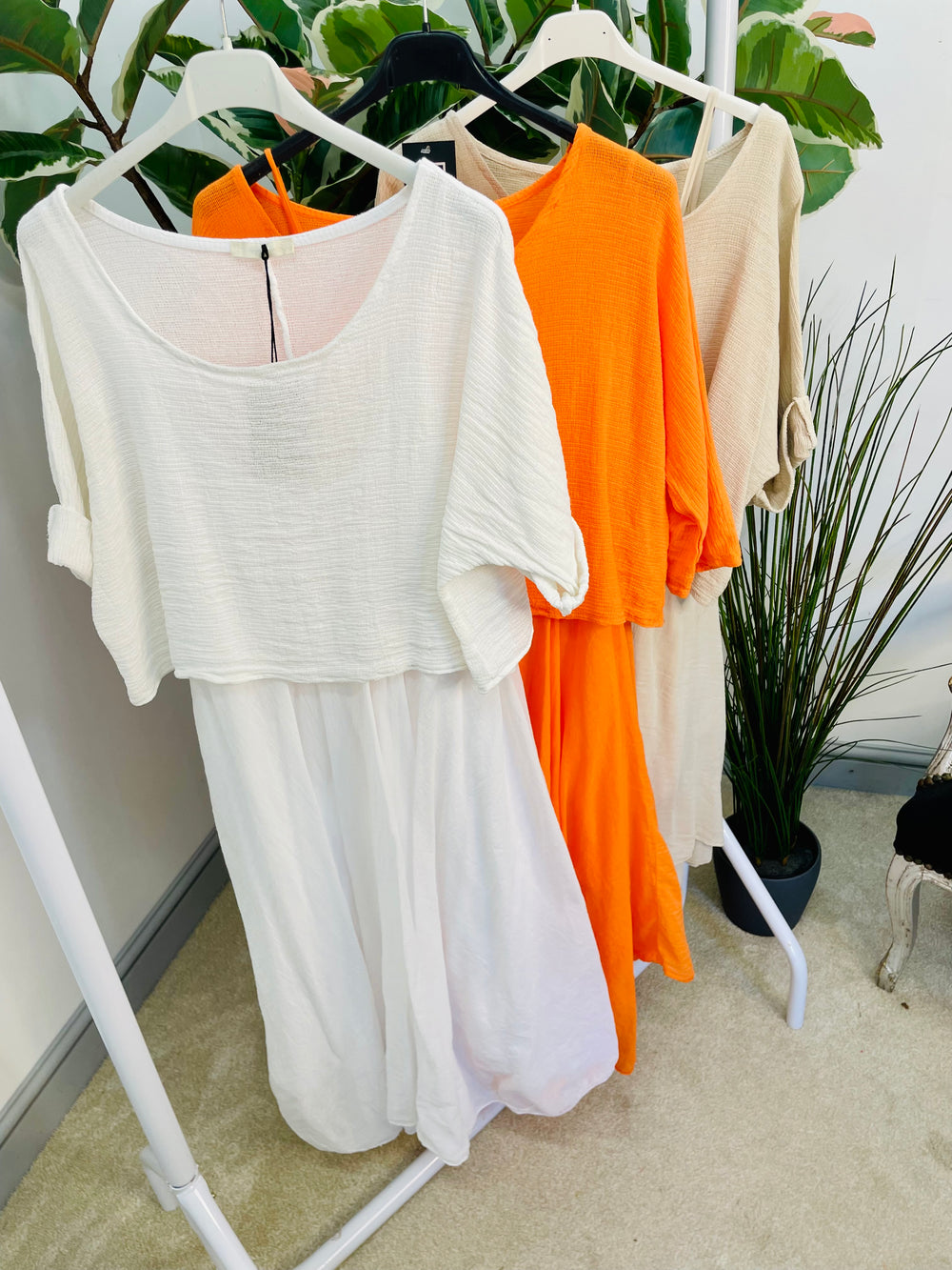 LADIES SUMMER HANKERCHIEF DRESS & CROP TOP SET - ORANGE, WHITE & BEIGE