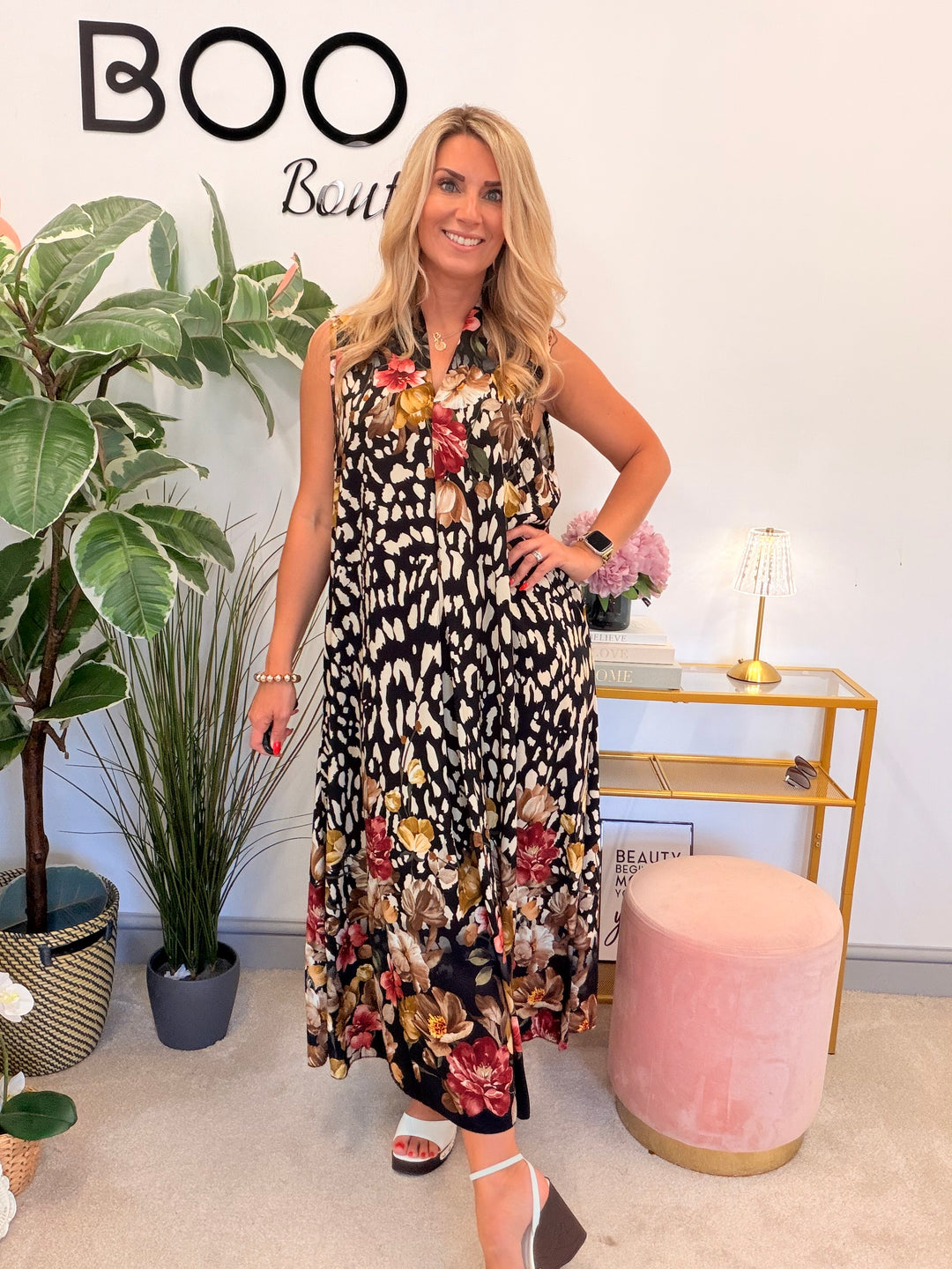 Ladies Animal Print Summer Maxi Dress - Black, White