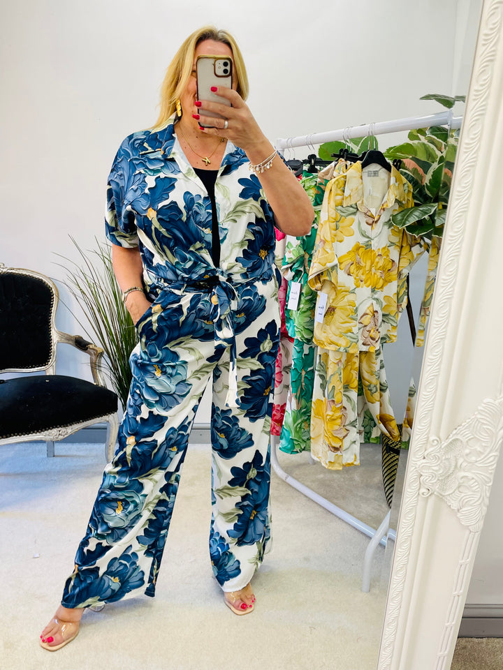 LADIES FLORA PRINT SATIN WIDE LEG PALAZZO TROUSERS - PINK, NAVY, GREEN, BLACK, YELLOW