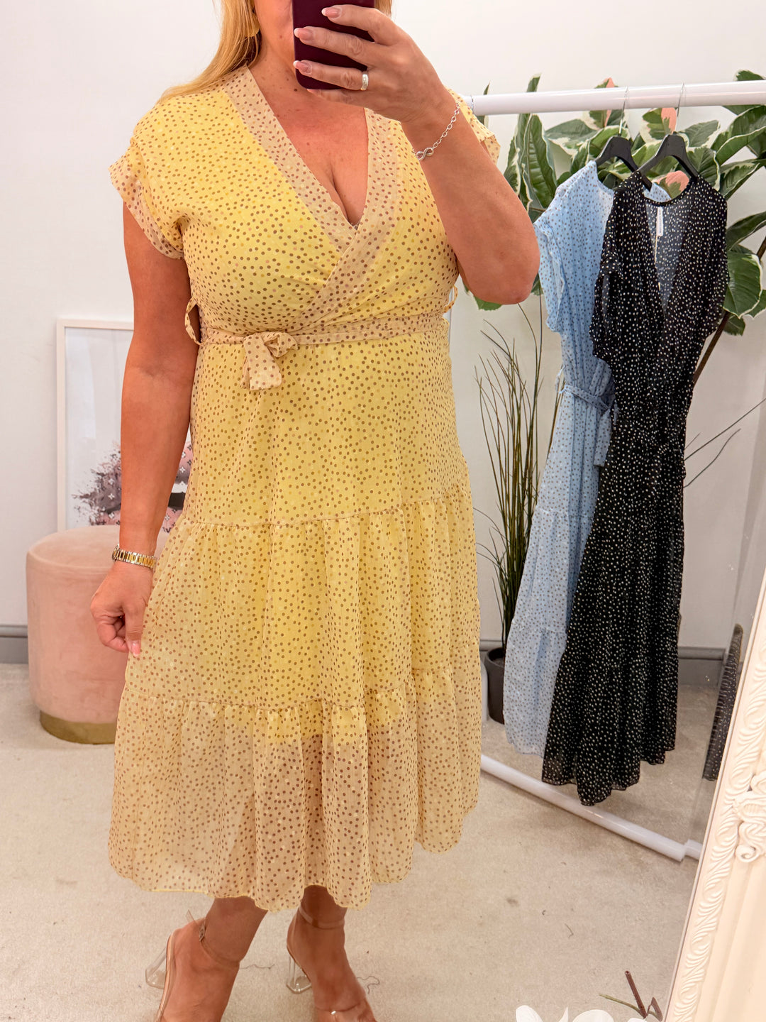 Ladies Fashion Chiffon Polka Dot Wrap Dress - Lemon, Black & Blue