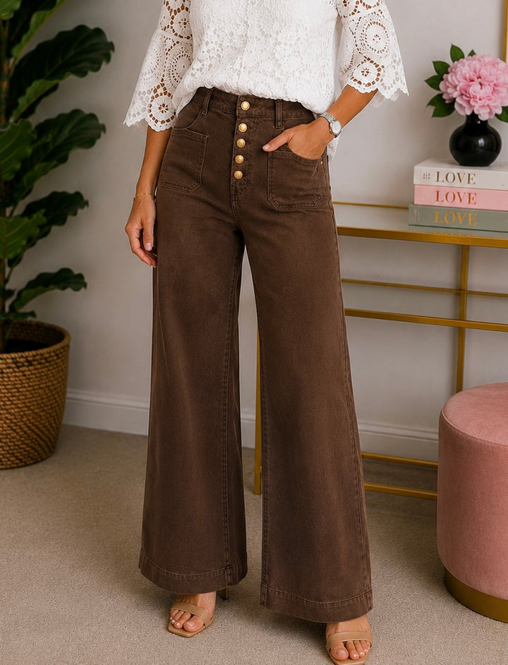 Ladies Fashion Chocolate Brown Wide Leg Button Fly Stretch Jeans