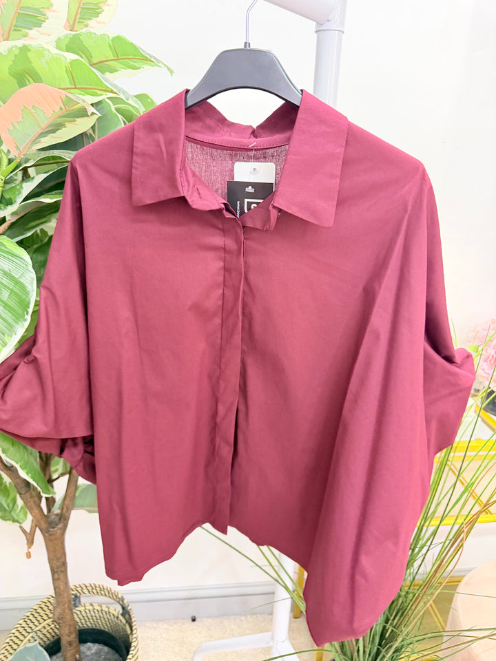 Women's Cotton Puff Sleeve Blouse Shirt Top - White, Burgundy & Brown
