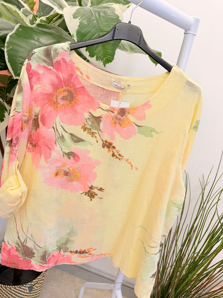 Ladies Fashion Flower Print Light Linen Top - White, Pink & Lemon