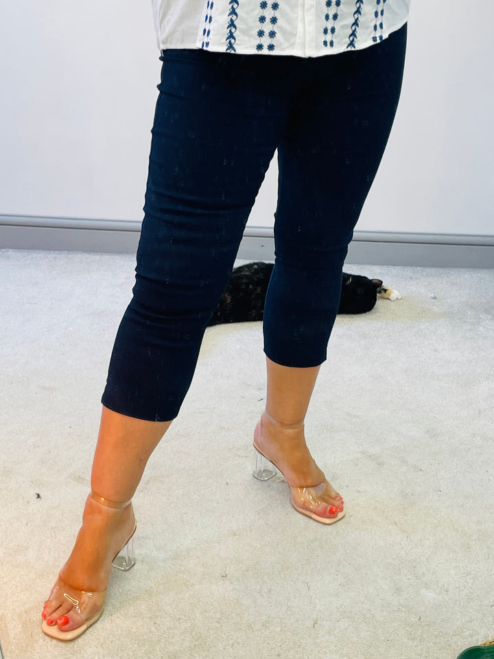 LADIES WOMENS NAVY CROPPED CAPRI PEDAL PUSHER TROUSERS