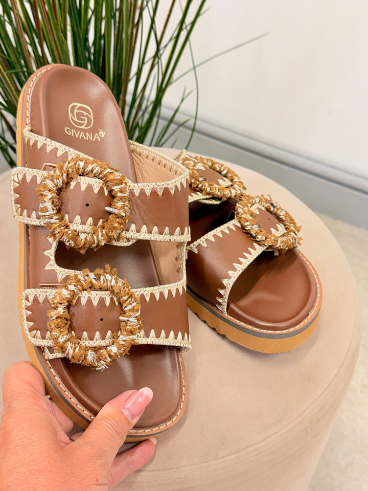 Ladies Fashion Buckle Comfy Moulded Footbed Slider Sandals brown