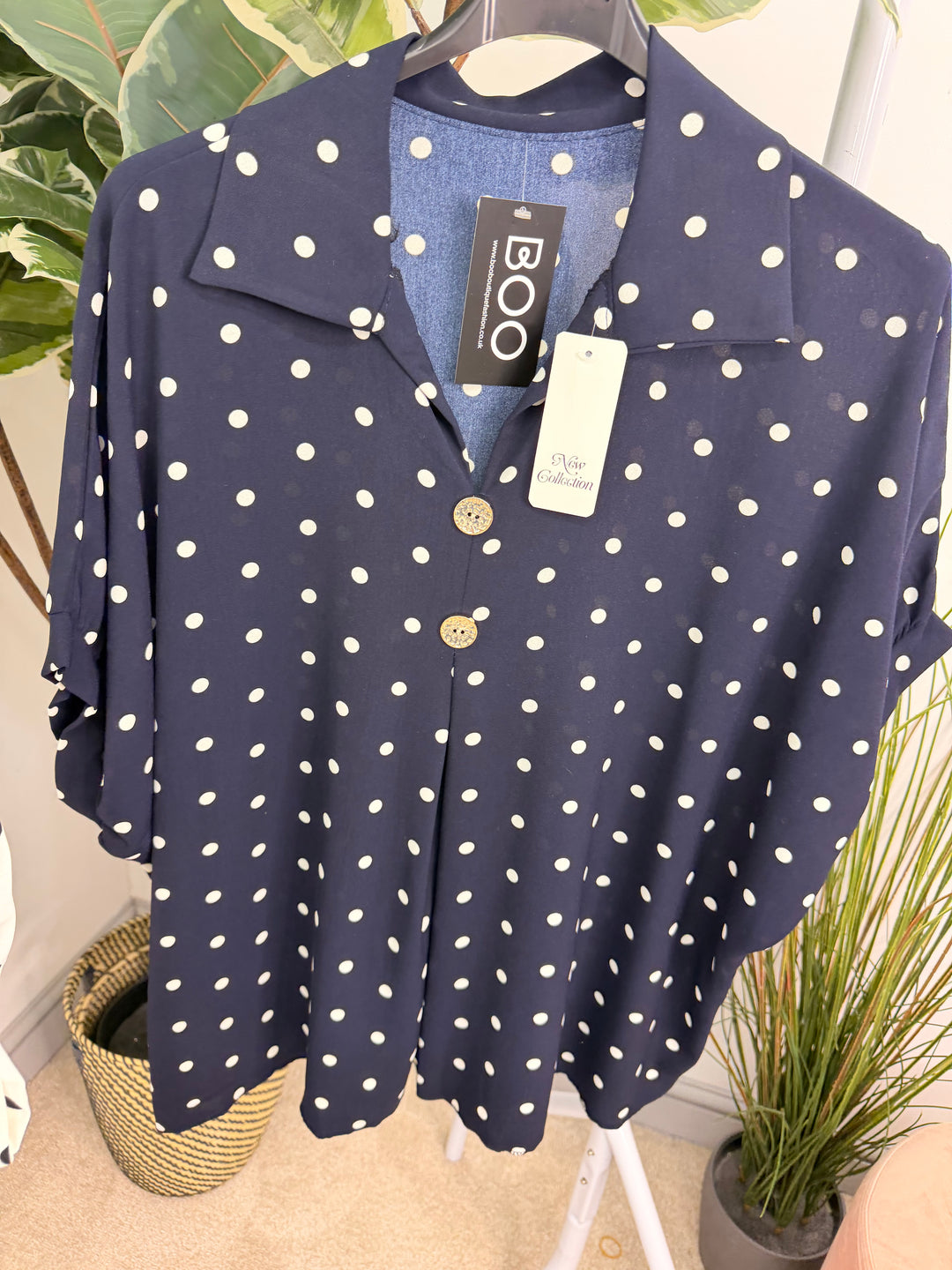 Ladies Curve Polka Dot Loose Fit Top - Navy & White 