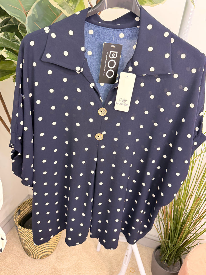 Ladies Curve Polka Dot Loose Fit Top - Navy & White 
