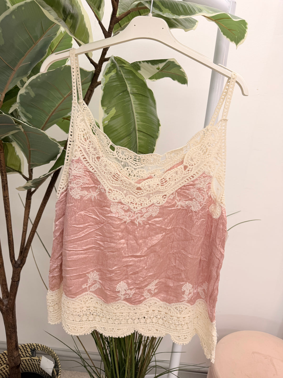 Ladies Fashion Silky Crochet Cami Top - Pink, Khaki, Blue, Cream, Beige, Green
