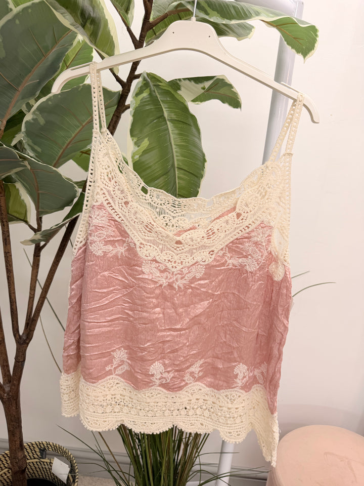 Ladies Fashion Silky Crochet Cami Top - Pink, Khaki, Blue, Cream, Beige, Green