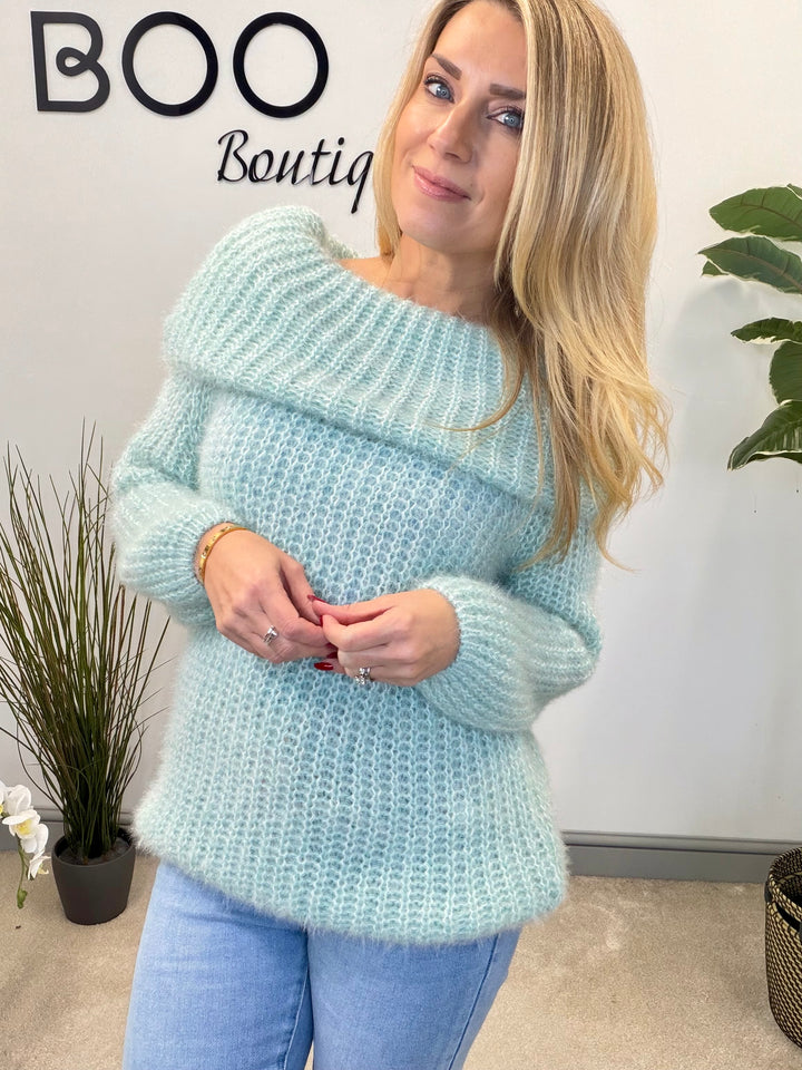 LADIES FLUFFY KNIT BARDOT JUMPER - MINT, BLACK, CREAM, PINK, LEMON & MOCHA